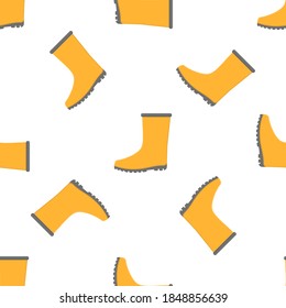 Seamless pattern with cartoon yellow rubber boots on white background. Gardening clothes. Vector illustration for any design.