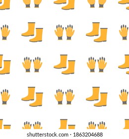 Seamless pattern with cartoon yellow rubber gloves and boots on white background. Gardening tool. Vector illustration for any design.