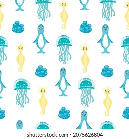 seamless pattern with cartoon yellow seahorse, blue seal, green turquoise jellyfish, coral on a white background. underwater world.
