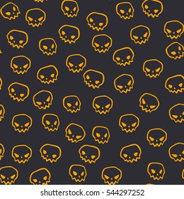 Seamless pattern with cartoon yellow skulls on dark background. Spooky halloween vector background.