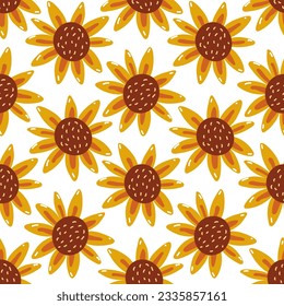 Seamless pattern with cartoon yellow sunflowers in retro style. Floral background. Vector printing on fabric and wallpaper. Cute autumn flowers on a white background