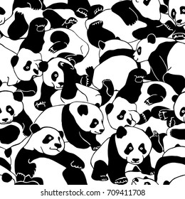 Seamless pattern with a cartoon young pandas very close to each other. Vector black and white illustration. svg