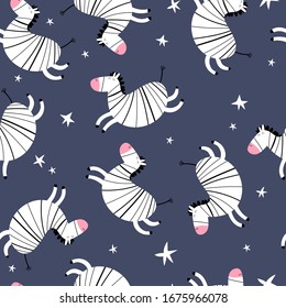 Seamless pattern with cartoon zebra, decor elements on a neutral background. animal theme. vector illustration. colorful flat style. hand drawing. design for fabric, print, wrapper