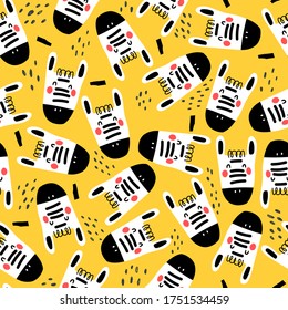 Seamless pattern with cartoon zebras, decor elements on a neutral background. colorful vector for kids.Animals. hand drawing, flat style. baby design for fabric, print, textile, wrapper