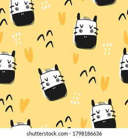 Nahtloses Muster mit Cartoon Zebras, Dekorelemente auf neutralem Hintergrund. bunter Vektorgrafik für Kinder.Tiere. handgezeichnet, flach. Babydesign für Gewebe, Druck, Textilien, Wrapper