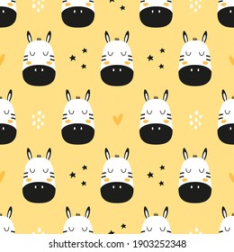 seamless pattern with cartoon zebras, decor elements on neutral background, colorful vector illustration for kids, cute animals, flat style