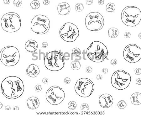 A seamless pattern of cartoonish, angry faces with sharp teeth and menacing eyes, set against a white background. The faces are drawn in a simple, bold black outline style.