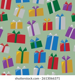 A seamless pattern of cartoonish Christmas holiday presents with wrapping and bows in multiple colors.