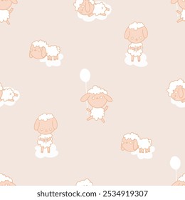 Seamless pattern of cartoon-like sheep in various playful poses. Kawaii-inspired, cute and simple. Ideal for children's products, nursery decor, or baby apparel.