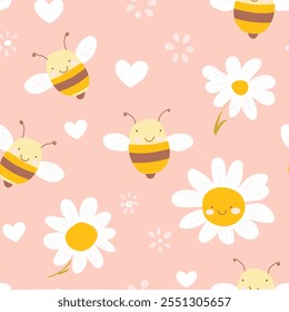 Seamless pattern with cartoons bee and daisy flower on pink background. Vector print for baby and newborn