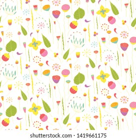 Seamless pattern of cartoons and fantasy flowers and leaves. Elements of bright colors drawn by hand for your design, cards, textiles and printing