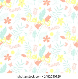 Seamless pattern of cartoons and fantasy flowers and leaves. Elements of pastel colors drawn by hand for your design, cards, textiles and printing.