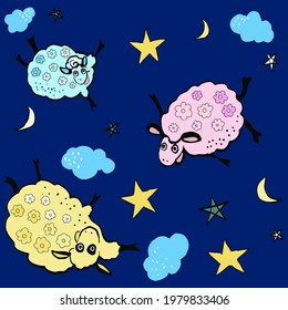 A seamless pattern of cartoons with funny sheep. Vector illustration. Beautiful drawing for children on textiles with moon, stars, clouds. Blue, yellow, pink colors. Animal print