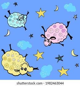 A seamless pattern of cartoons with funny sheep, lambs. Vector illustration. Beautiful drawing for children on textiles with moon, stars, clouds. Animal print