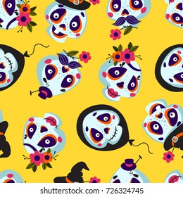Seamless pattern of cartoons Skull. Background with Cute Skull Faces. Vector texture Illustration of a Halloween Skull. Mexican day of the dead.