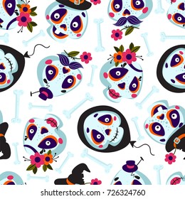Seamless pattern of cartoons Skull and bones. Background with Cute Skull Faces. Vector texture Illustration of a Halloween Skull. Mexican day of the dead.