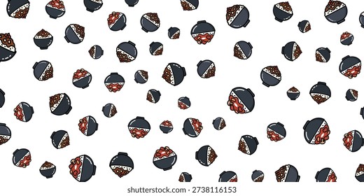 A seamless pattern of cartoon-style bowls filled with a red, textured substance, set against a white background. The bowls are dark gray with a light gray rim and two small handles. The red filling has a rough, organic appearance, with darker red speckles.