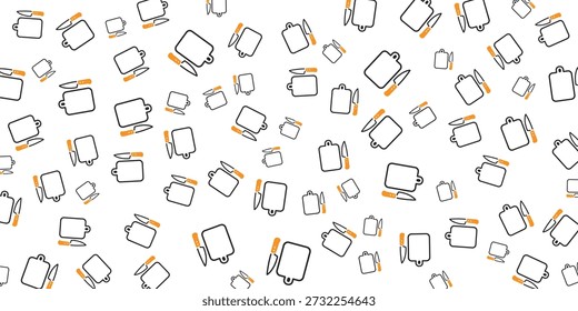 Um padrão sem costura de tábuas de corte e facas de estilo cartoon espalhadas por um fundo branco. Os objetos são desenhos de linhas simples com alças laranja.
