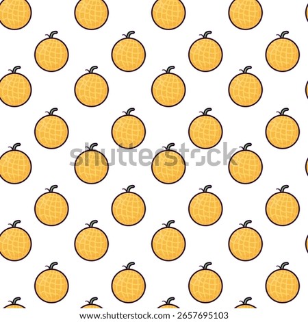 Seamless pattern of cartoon-style melons with green rinds and yellow flesh, including whole and halved fruits arranged in a playful layout