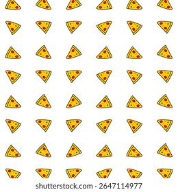 Seamless pattern of cartoon-style pizza slices arranged diagonally. The design is simple and playful, suitable for food-themed prints or packaging.