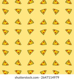 Seamless pattern of cartoon-style pizza slices arranged diagonally. The design is simple and playful, suitable for food-themed prints or packaging.