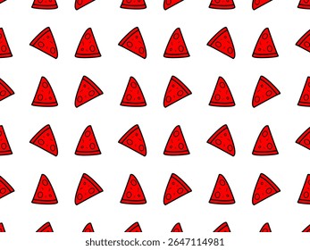 Seamless pattern of cartoon-style pizza slices arranged diagonally. The design is simple and playful, suitable for food-themed prints or packaging.