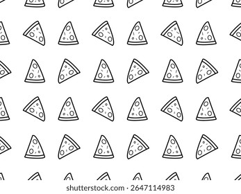 Seamless pattern of cartoon-style pizza slices arranged diagonally. The design is simple and playful, suitable for food-themed prints or packaging.