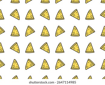Seamless pattern of cartoon-style pizza slices arranged diagonally. The design is simple and playful, suitable for food-themed prints or packaging.