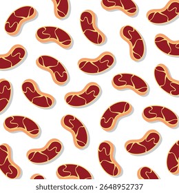 Seamless pattern of cartoon-style raw meat slices with marbled texture on white background. Flat design, isolated food elements