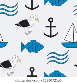  Seamless pattern with cartoon-style seagulls, sailboats, fish, waves, and anchors. Simple and nautical design, perfect for kids' products, endpaper, textiles, and wallpapers