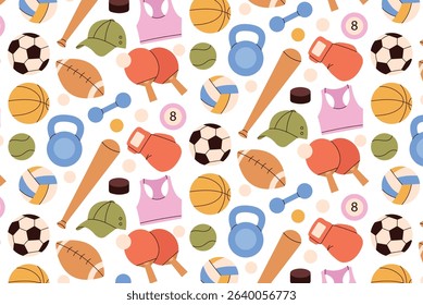 Seamless pattern with cartoon-style sports icons. Colorful and playful design featuring football, basketball, tennis rackets, bikes, dumbbells, and other gear. Ideal for textile prints, wrapping paper