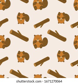 Seamless pattern of cartoony beaver and log made in different shades of brown.