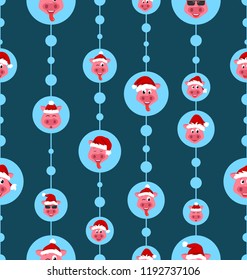 Seamless Pattern with Cartton Smile Pigs in Sata Hats, Symbol New Year 2019 - Illustration Vector