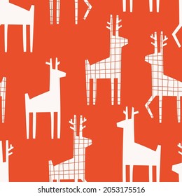 seamless pattern with carved deer with different patterns on them. holiday vector hand drawn illustration. print for fabric, wrapping paper, takeaway tableware.