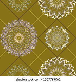 
Seamless pattern - carved figures - snowflakes, crystals, on cells of mustard color. Rhombuses - geometric calm background.