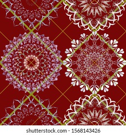 Seamless pattern - carved figures - white-blue snowflakes, crystals, on mustard-colored cells. Rhombuses - geometric calm red background.