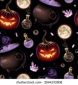 Seamless pattern with carved pumpkins with lights