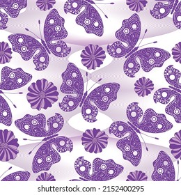 Seamless pattern with carved purple butterflies on a mesh translucent background. Vector eps 10