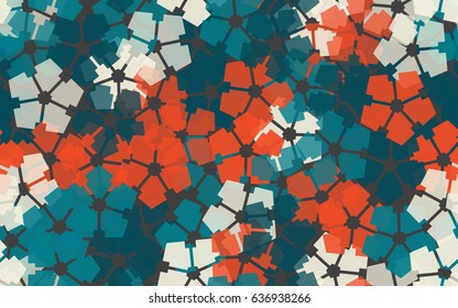 Seamless pattern. Carved translucent five-sided figure. A chaotic arrangement. Gray, blue tones, red-brown.