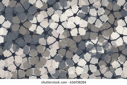 Seamless pattern. Carved translucent five-sided figure. A chaotic arrangement. Gray tones.