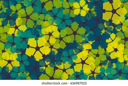 Seamless pattern. Carved translucent five-sided figure. A chaotic arrangement. Blue-purple, blue, yellow, green.