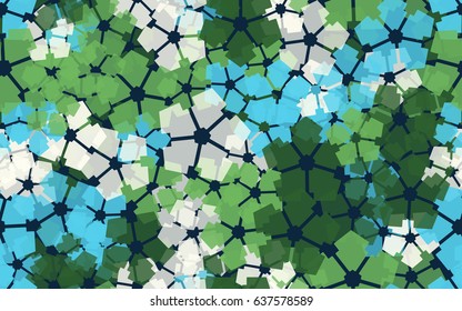 Seamless pattern. Carved translucent five-sided figure. A chaotic arrangement. Blue tones, beige, green tones.