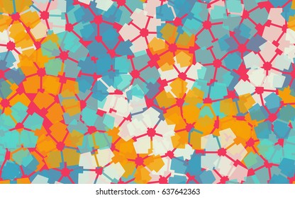 Seamless pattern. Carved translucent five-sided figure. A chaotic arrangement. Yellow, blue, red, white.