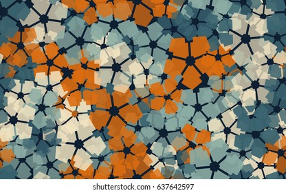 Seamless pattern. Carved translucent five-sided figure. A chaotic arrangement. Orange-brown, beige, blue-green.