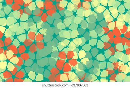 Seamless pattern. Carved translucent five-sided figure. A chaotic arrangement. Green, yellow, orange.