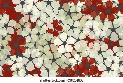 Seamless pattern. Carved translucent five-sided figure. A chaotic arrangement.Red, gray, beige.