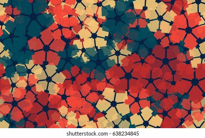 Seamless pattern. Carved translucent five-sided figure. A chaotic arrangement. Blue tones, yellow, red.