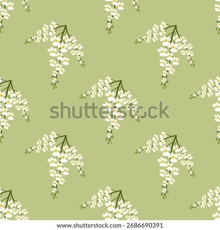 A seamless pattern of cascading white wisteria-like flowers on a sage green background.