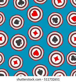 Seamless pattern of casino chips with card suits. Gambling vector backdrop. Endless background