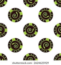 Seamless pattern of casino chips with green spiral designs on a dark background, perfect for gambling or casino themed projects